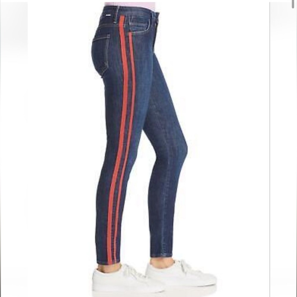 MOTHER High-Rise Dark Blue Skinny Jeans with Red Side Stripes